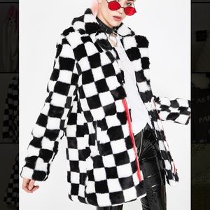 Current Mood Checkered Faux Fur Coat